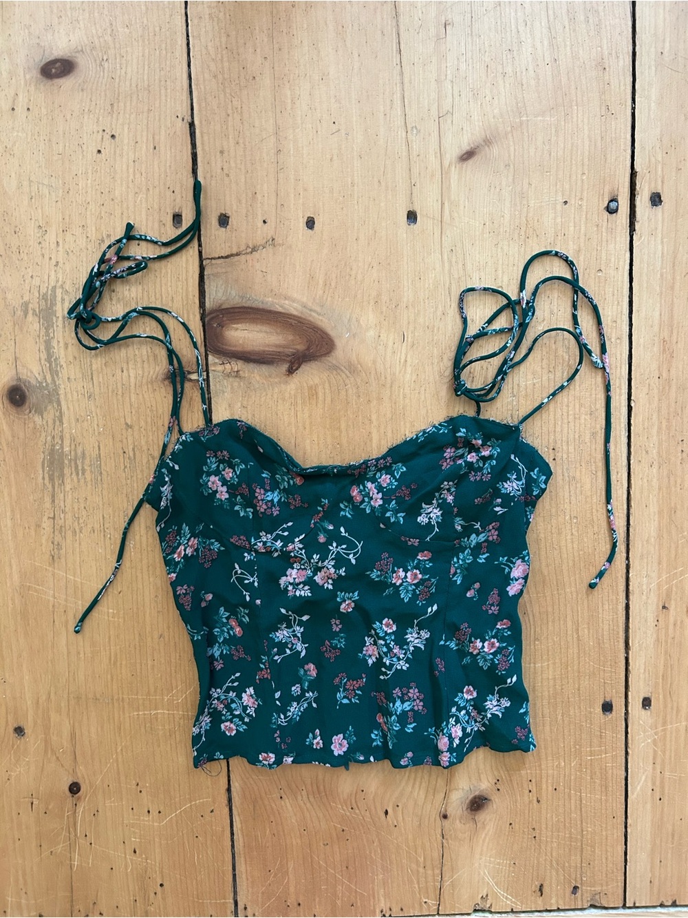 Reformation Green Floral Tie-Shoulder Cropped Cami